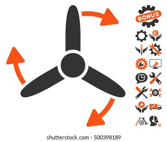 Three Bladed Screw Rotation icon with bonus service pictures. Vector illustration style is flat iconic symbols, orange and gray colors, white background.
