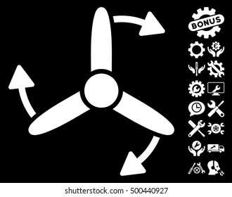 Three Bladed Screw Rotation icon with bonus setup tools pictograms. Vector illustration style is flat iconic symbols, white color, black background.