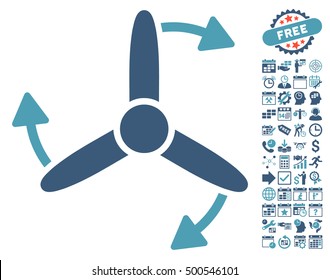 Three Bladed Screw Rotation icon with bonus calendar and time service design elements. Vector illustration style is flat iconic symbols, cyan and blue colors, white background.