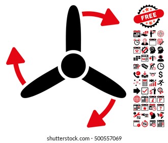 Three Bladed Screw Rotation icon with bonus calendar and time management pictures. Vector illustration style is flat iconic symbols, intensive red and black colors, white background.
