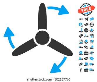 Three Bladed Screw Rotation icon with free bonus symbols. Vector illustration style is flat iconic symbols, blue and gray colors, white background.