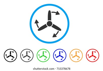 Three Bladed Screw Rotation icon. Vector illustration style is a flat iconic three bladed screw rotation grey rounded symbol inside light blue circle with black, gray, green, blue, red,