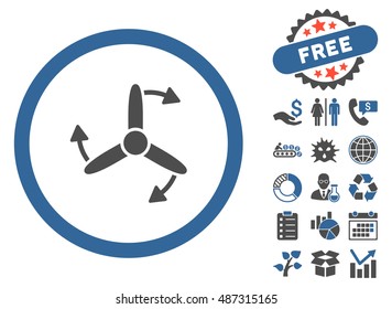 Three Bladed Screw Rotation pictograph with free bonus design elements. Vector illustration style is flat iconic bicolor symbols, cobalt and gray colors, white background.