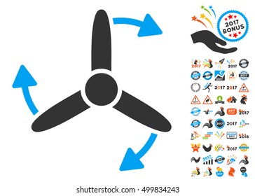 Three Bladed Screw Rotation pictograph with bonus 2017 new year pictures. Vector illustration style is flat iconic symbols, blue and gray colors, white background.