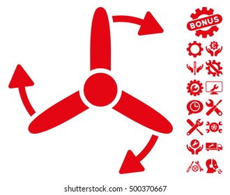 Three Bladed Screw Rotation pictograph with bonus setup tools graphic icons. Vector illustration style is flat iconic symbols, red color, white background.