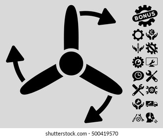 Three Bladed Screw Rotation pictograph with bonus settings pictures. Vector illustration style is flat iconic symbols, black color, light gray background.