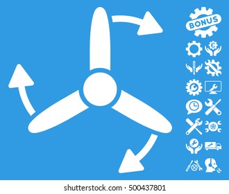 Three Bladed Screw Rotation pictograph with bonus tools pictures. Vector illustration style is flat iconic symbols, white color, blue background.