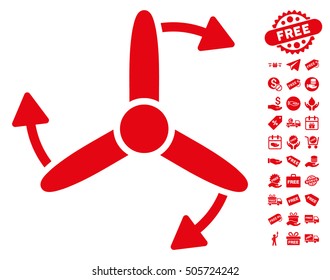 Three Bladed Screw Rotation pictograph with free bonus icon set. Vector illustration style is flat iconic symbols, red color, white background.