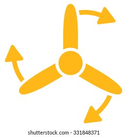 Three Bladed Screw Rotation vector icon. Style is flat symbol, yellow color, rounded angles, white background.