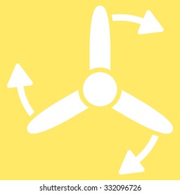 Three Bladed Screw Rotation vector icon. Style is flat symbol, white color, rounded angles, yellow background.