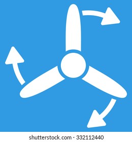Three Bladed Screw Rotation vector icon. Style is flat symbol, white color, rounded angles, blue background.