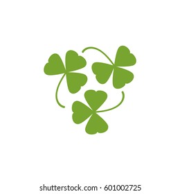 Three blades of  irish shamrock clover icon. Bright green shamrock Isolated on white. St Patrick day vector illustration. Reuse, recycle eco symbol. Organic logo