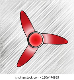A three blades propeller with rotor and blades red colored and with a grey steel ring around the rotor. Background is scratched - Vector
