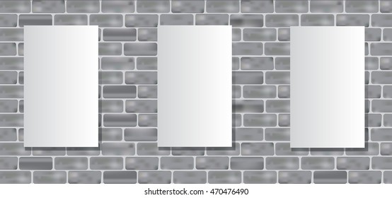 Three blank billboard on a gray brick wall. Mock up. Vector illustration.