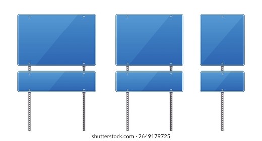 Three blank blue road signs are on display against a stark white background. Each features a larger sign above a smaller one. They are mounted on metal poles.