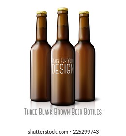 Three blank brown realistic beer bottles isolated on white background with reflections and place for your design and branding. Vector