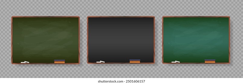 Three Blank Chalkboards In Various Colors With Wooden Frames And Chalk Pieces On A Transparent Background