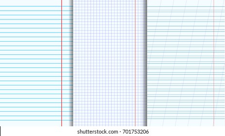 Three Blank Copy Books Sheets. Lined & Squared Texture. Vector Illustration