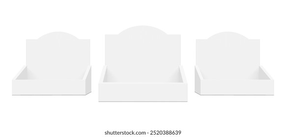 Three Blank Display Boxes Mockups, Isolated On White Background, Front View. Vector Illustration