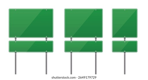 Três sinais de estrada em branco e verde permanecem em postes, prontos para o destino ou texto informativo. Esses sinais são normalmente usados para wayfind, direções e publicidade.