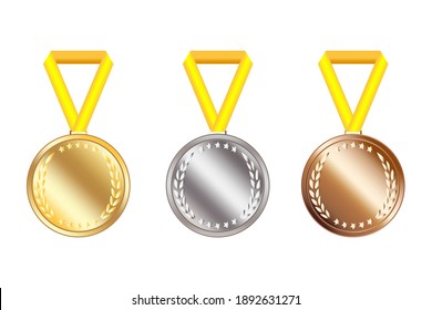 Three blank medals. Three awards with yellow ribbons. Gold, silver and bronze medals. Stock image. EPS 10.