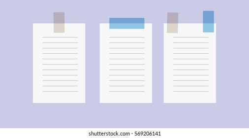 Three blank note papers with tape. Office supplies.