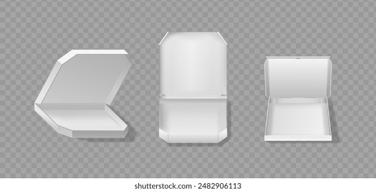 Three Blank Open Pizza Boxes In Different Positions Isolated On Transparent Background. Realistic 3d Vector Mockups