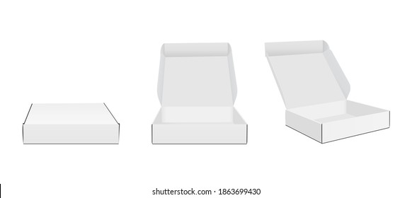 Tres cajas de embalajes en blanco con varias vistas, con una mordaza abierta y cerrada, aisladas en fondo blanco. Ilustración vectorial