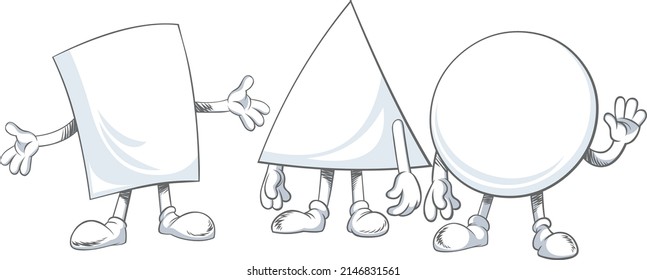 Three blank paper cartoon characters - Square, Triangle and Circle. 
Vector illustration isolated on white background.