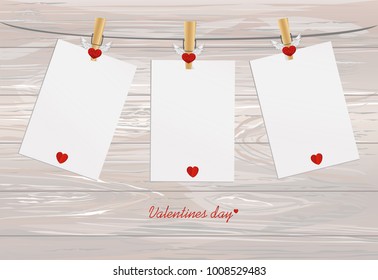 Three blank paper with red heart hanging on the clothesline. Free space for your writing or advertising. St. Valentine's Day. Greeting card. Vector illustration on a wooden background.