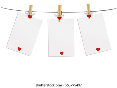 Three blank paper with red heart hanging on the wooden cloth pegs. Free space for your writing or advertising. St. Valentine's Day. Greeting card. Vector illustration on a white background