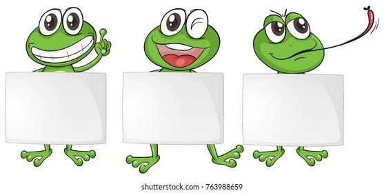 Three blank papers with happy frogs illustration