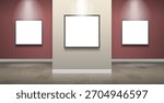 three blank picture frames mock up art exhibition gallery interior vector illustration 