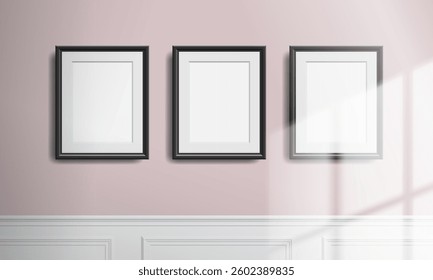 three blank picture poster frames classic wall panel interior window light shadow overlay mock up vector illustration