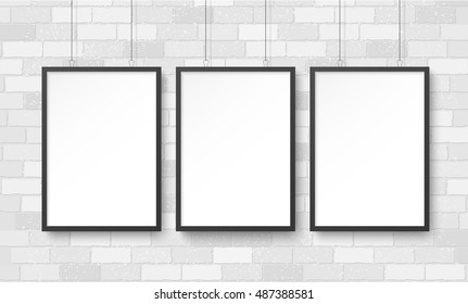 Three Blank Poster Mockup On White Brick Wall