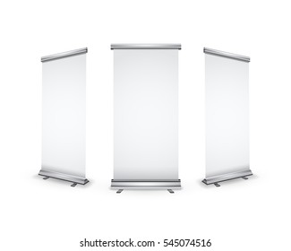 Three blank realistic roll-up banners with shadow isolated on white