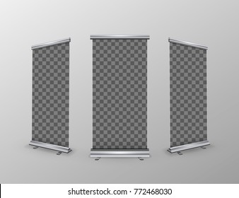 Three blank realistic roll-up banners with transparent place for advertise posters