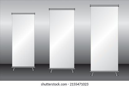 Tres banners de enrollamiento en blanco se muestran en el fondo blanco. La plantilla en blanco de diseño de arte se burla.
