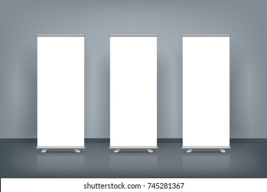 Three blank roll up banner posters display in dark blue wall, Mock up.vector illustration