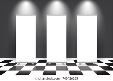 Three blank roll up banner posters display on checkered floor with black wall, Mock up stand.vector illustration