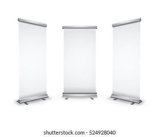 Three blank roll-up banners with shadow isolated on white