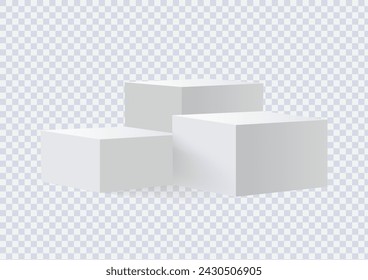 Tres podios cuadrados en blanco se levantan para mostrar productos sobre fondo transparente, ilustración vectorial.