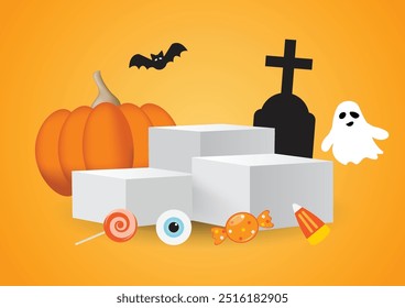 Três pódios quadrados em branco estão para mostrar produtos com abóbora, fantasma, morcego, sepultura em fundo laranja no conceito de Halloween, vetor