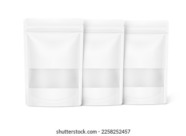 Three blank stand up pouch bags with zipper mockup. Vector illustration isolated on white background. Front view. Realistic mockup will perfectly convey the benefits of your product. EPS10.	