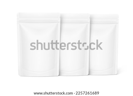 Three blank stand up pouch bags with zipper mockup. Vector illustration isolated on white background. Front view. Realistic mockup will perfectly convey the benefits of your product. EPS10.	