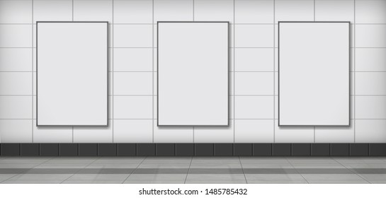 Three Blank White Ad Vertical Banners Or Posters Hanging On Tilled Wall In Subway Station, Public Building Corridor 3d Realistic Vector Illustration. Indoor Advertising, Promoting Campaign Elements