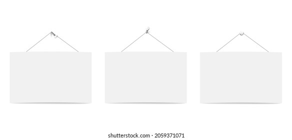 Three blank white boards for messages or photo hanging on ropes. Realistic empty sheets on metal nails hammered in wall. Vector 3d isolated illustration.