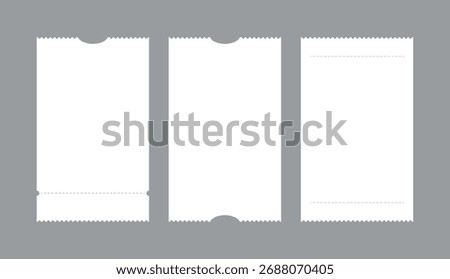 Three blank white ticket templates with perforated edges and dotted lines for stub separation. Ideal vector mockup for event, raffle, coupon, admission, or concert pass design and typography.