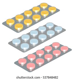 three blisters with color tablets, yellow, blue and pink, on a white background