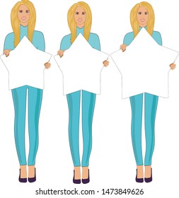 Three blonde girls in a blue suit, in their hands they have canvases of different sizes, vector. Purple shoes, short haircut.